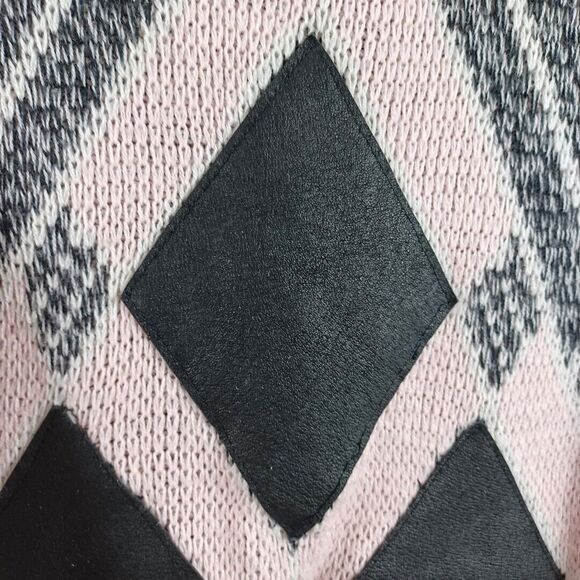 Vtg Alvin Josef Y2K 90s Womens Argyle Leather Patch Knit Sweater Pink Grey Sz XL - Picture 5 of 8